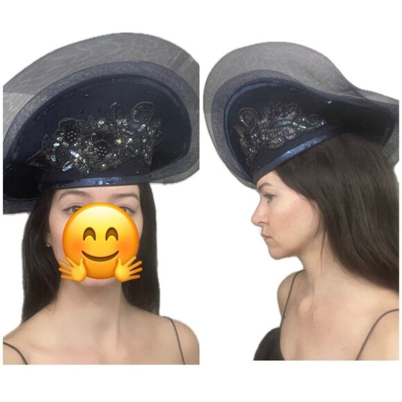 Mr. Hi's Classic Blue Felt Church Hat fascinator Derby Sweep & Sequins - Picture 1 of 7